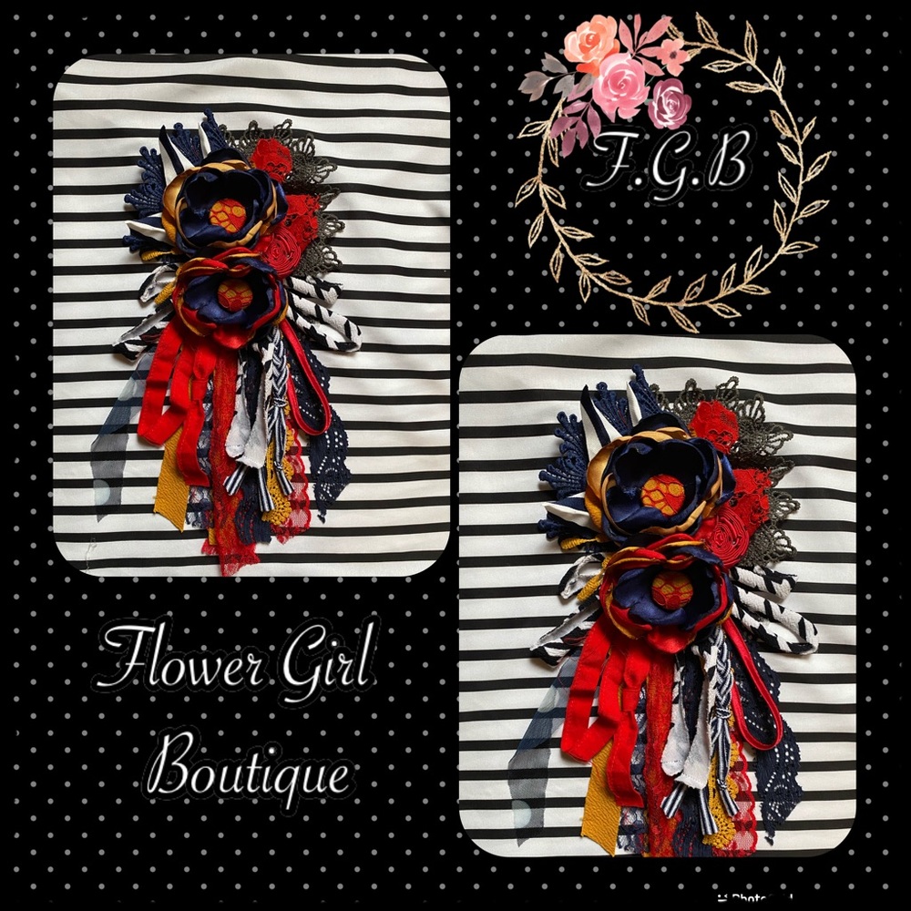 flower, mustard, navy blue and red